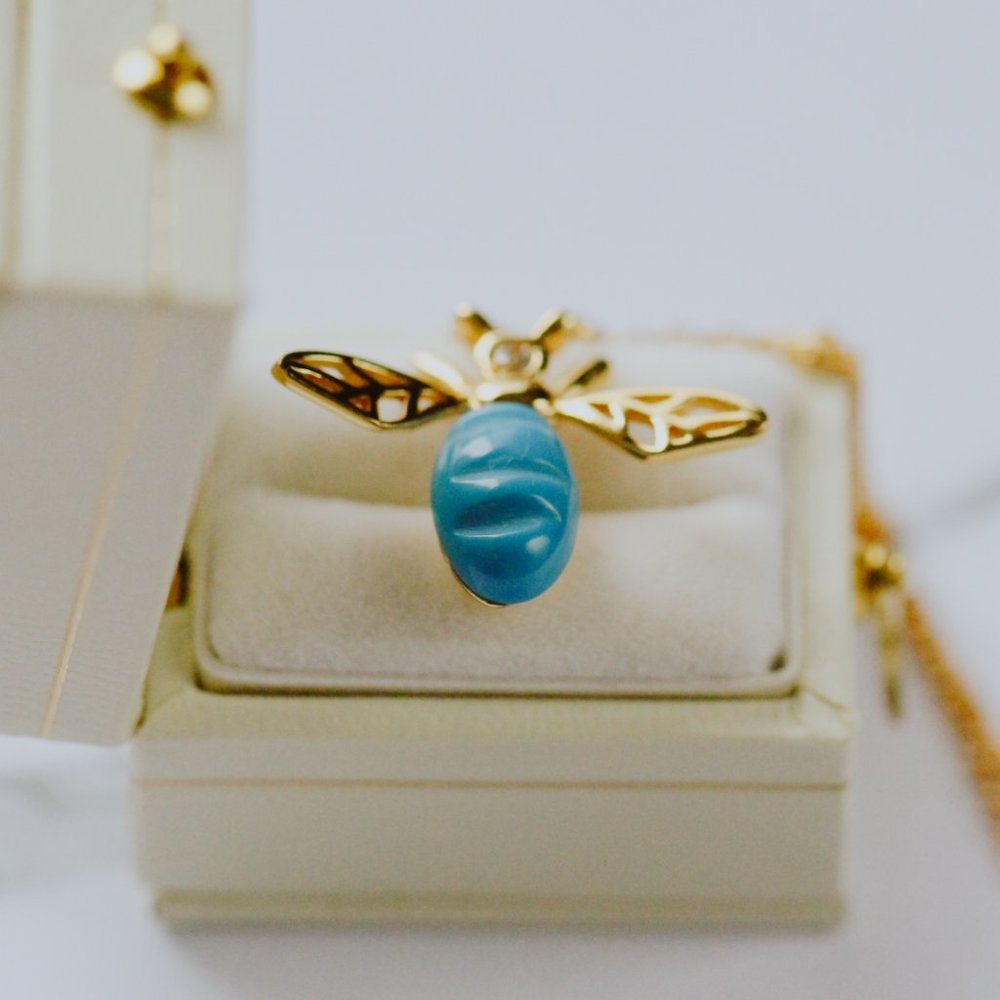 Gold Vermeil Necklace Natural Turquoise Stone Bee Animal Chain - Picture 5 of 6